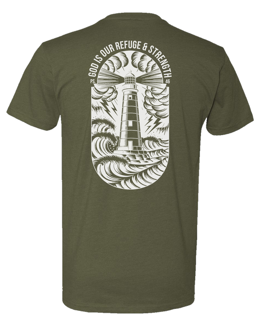 Green Christian gym t-shirt with a lighthouse design and text on the back