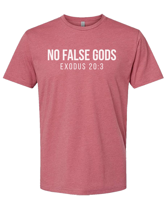 Red Christian lifestyle gym t-shirt with 'No False Gods Exodus 20:3' text
