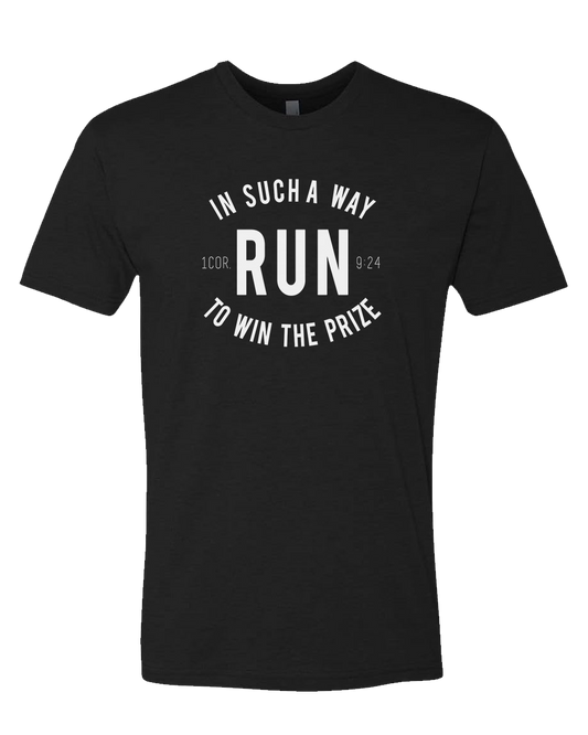Black Christian running t-shirt with white text