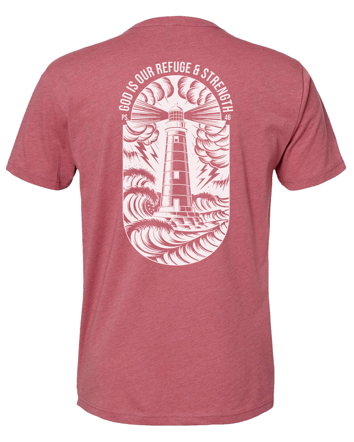 Red Christian gym t-shirt with a white lighthouse design and text on the back