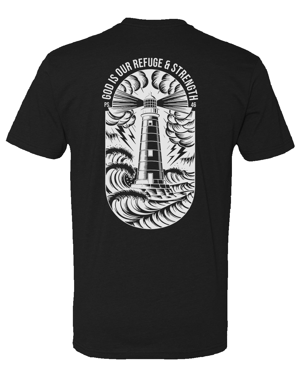 Black Christian gym t-shirt with a white lighthouse design and text on the back