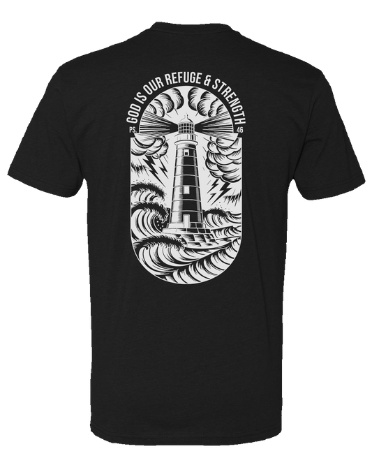 Black Christian gym t-shirt with a white lighthouse design and text on the back
