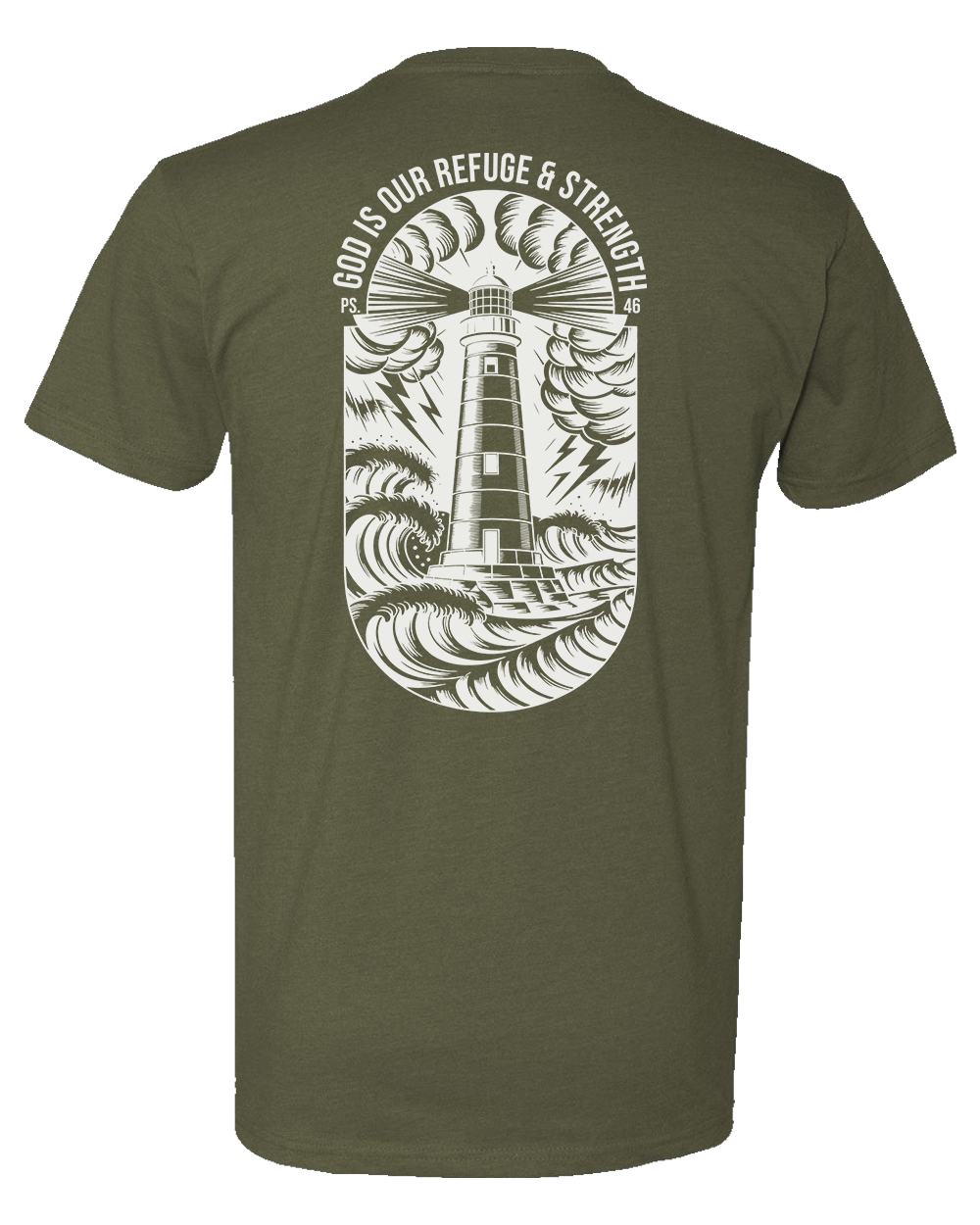 Green Christian gym t-shirt with a lighthouse design and text on the back
