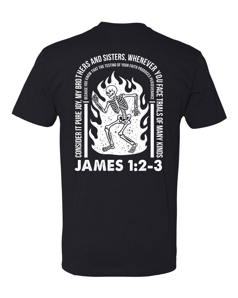Black crewneck Christian gym t-shirt with text and graphic design based on James 1:2-3 scripture.