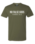Green Christian lifestyle gym t-shirt with 'No False Gods Exodus 20:3' text