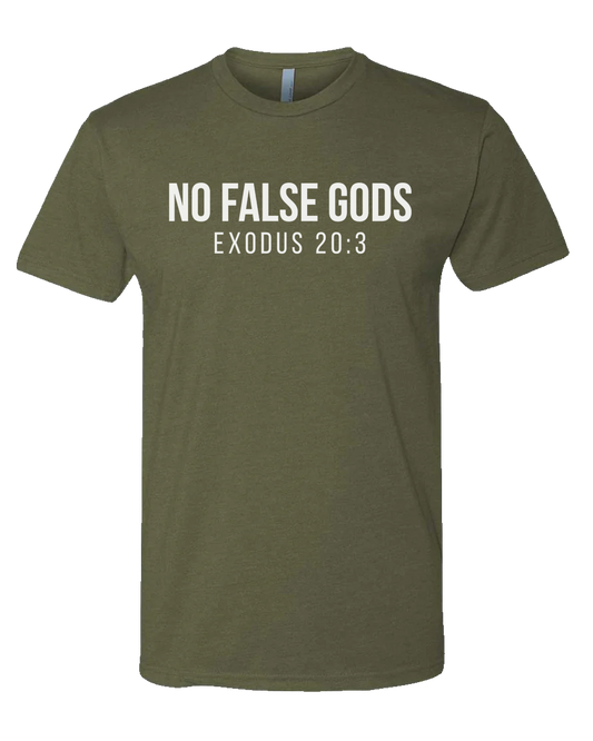 Green Christian lifestyle gym t-shirt with 'No False Gods Exodus 20:3' text