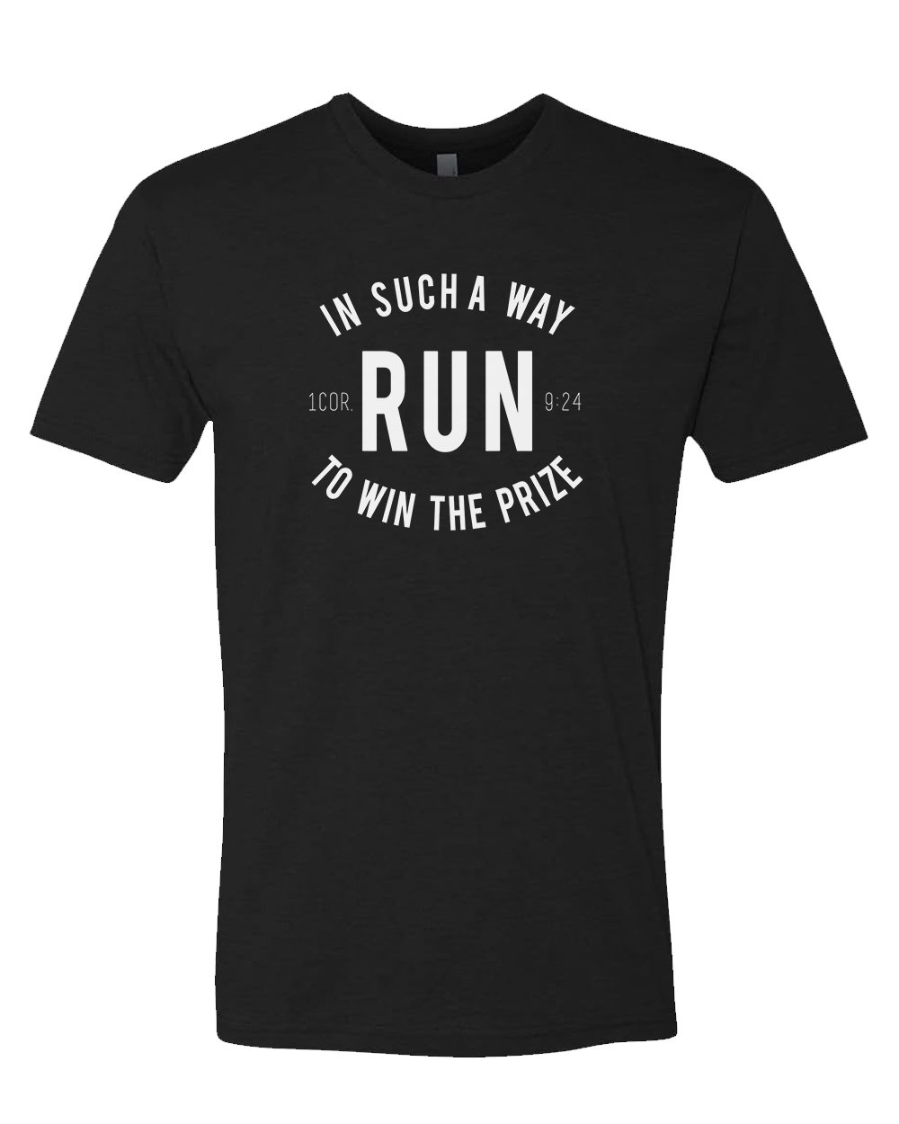 Black Christian running t-shirt with white text