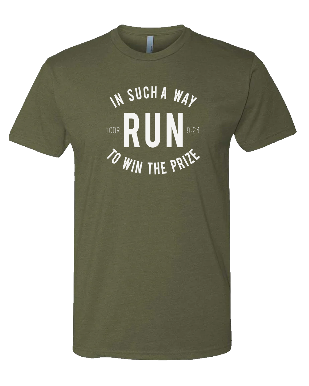 Green Christian running t-shirt with white text