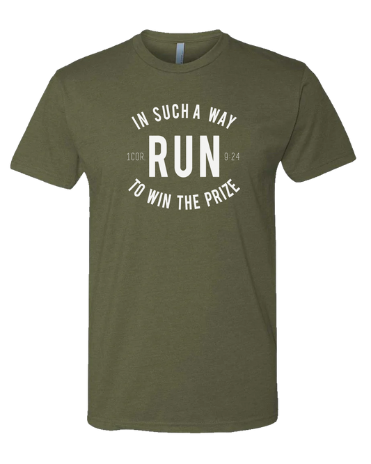 Green Christian running t-shirt with white text
