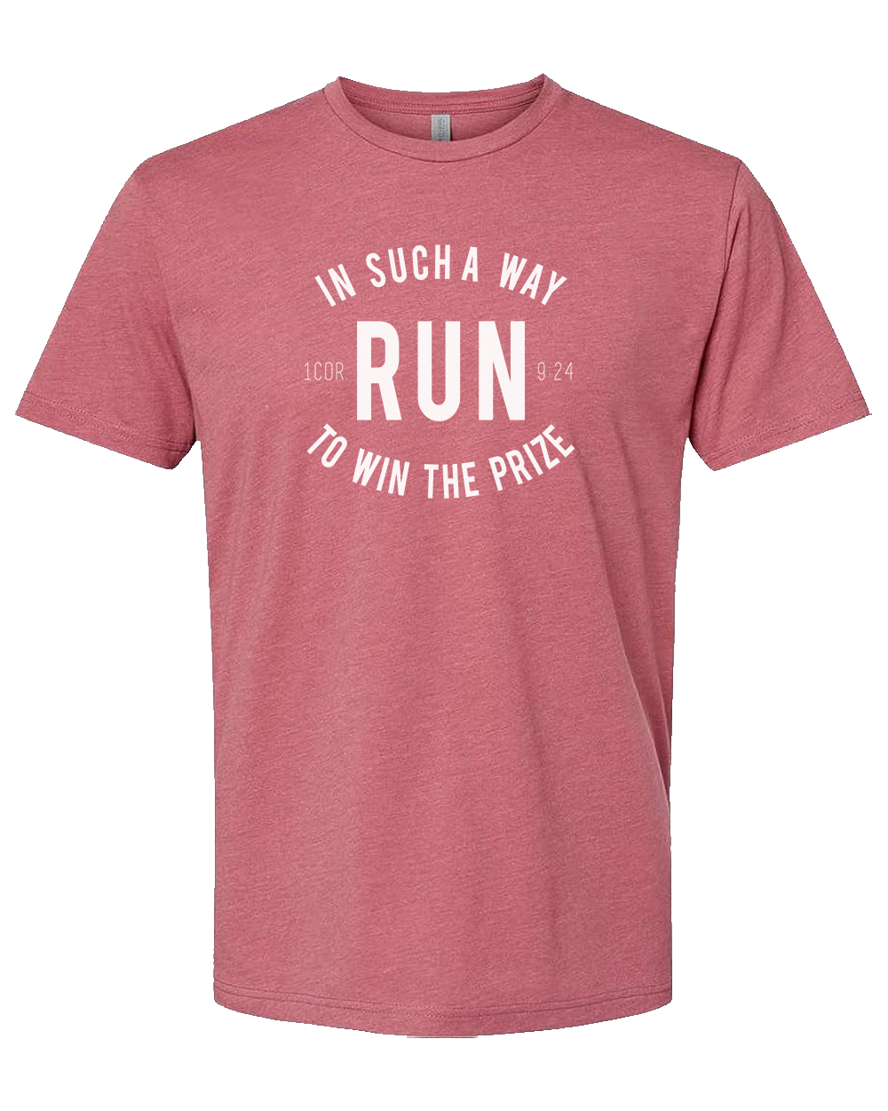 Red Christian running t-shirt with white text